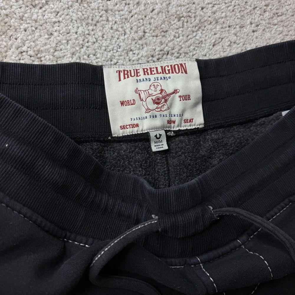 True Religion Jogger Pants Mens Medium Black Fleece Elastic Waist Pockets Logo